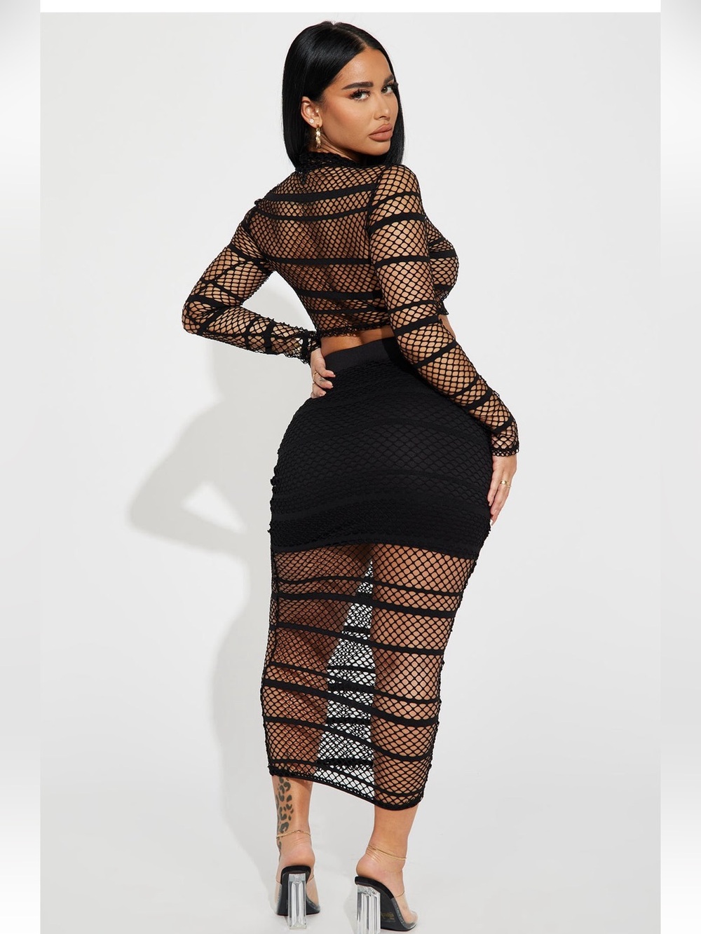 Fashion Nova Flashy Girl Black Fishnet Long Sleeve Two-Piece Set